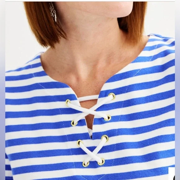 NEW Woman’s Croft & Barrows Knit Lace-Up Neck T-Shirt Blue/White Striped Dress S - Picture 3 of 6
